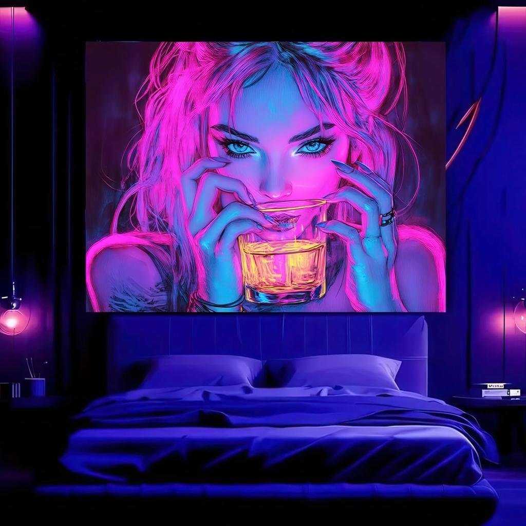 BlissYard Blacklight Tapestry Bedroom Cool Cute Girl Anime Wall Tapestry Aesthetic UV Reactive Purple Tapestries Glow In The Dark Art Wall Hanging