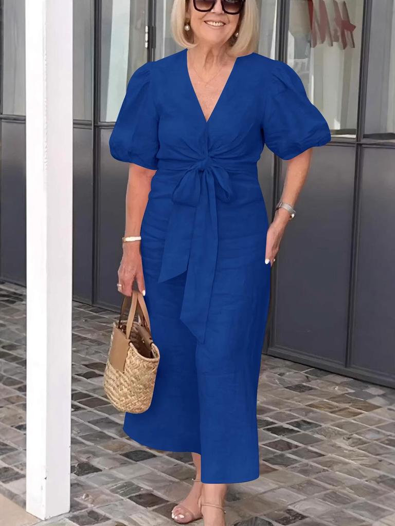 2026 Spring/Summer V-neck Lace-up Puff Sleeve Cotton Dress for Women