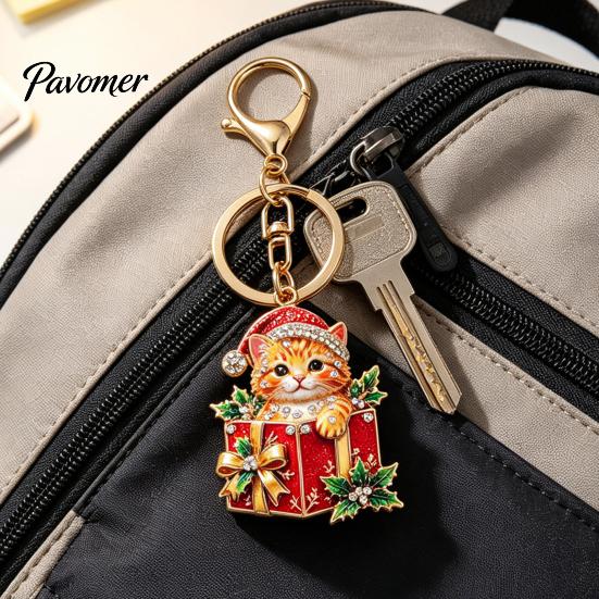 Decorative Purse Pendant Christmas Gift Box Cat Keychain, Bling Rhinestone Kitten Keyring Keychain Pendant, Backpack Handbag Accessory for Holiday