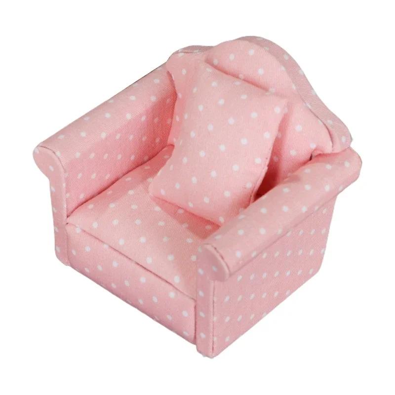 Rural Style Armchair Mini Sofa Dollhouse Miniature Sofa & Throw Pillow Set Wooden Simulation Furniture Girls Decoration Crafts