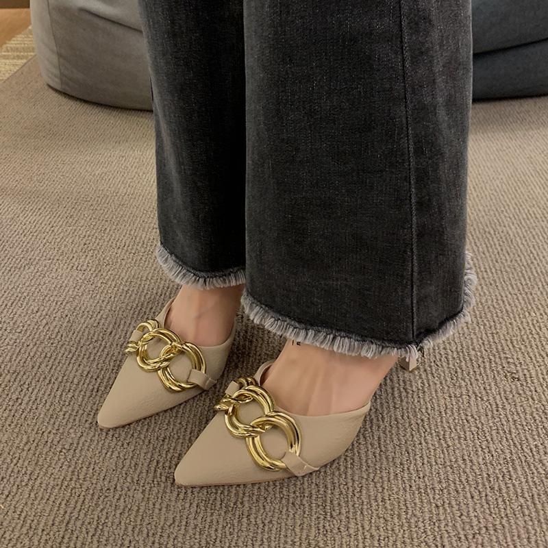Fashion Metal Chain Stiletto Single Shoes Women's Fashion Pointed Toe Shallow Mouth Slip Foot Non-Slip High Heels