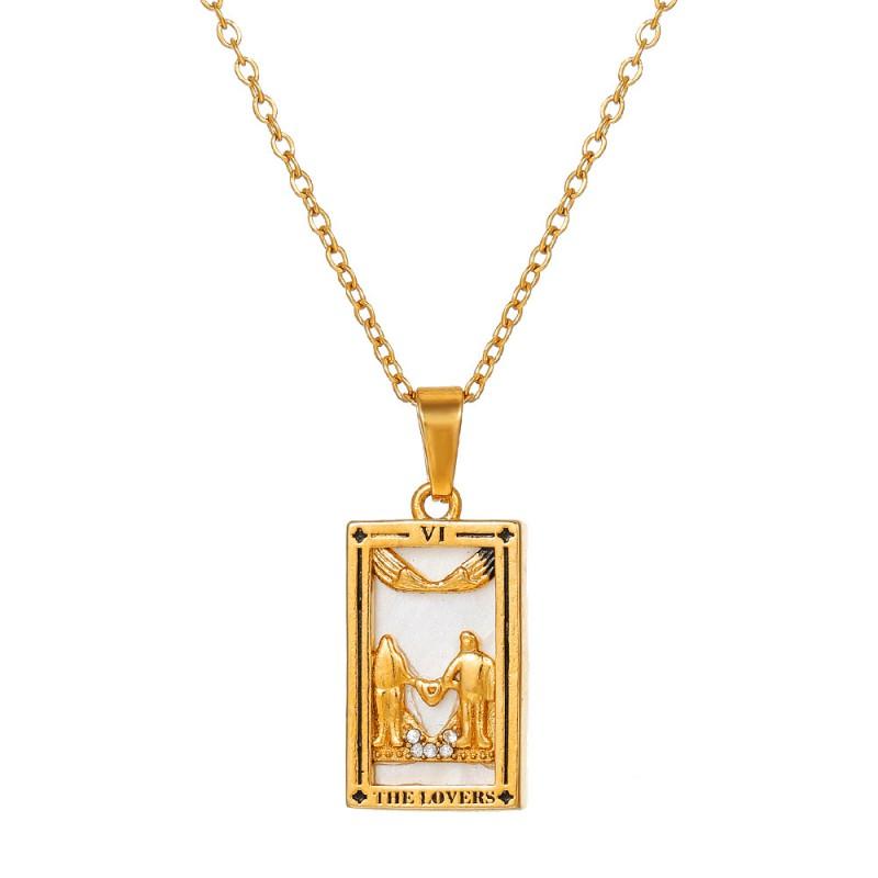 Stainless Steel Geometric Pendant Necklace With Zircon Inlay Tarot Card Charm O-Link Chain Women Men Hypoallergenic Layered