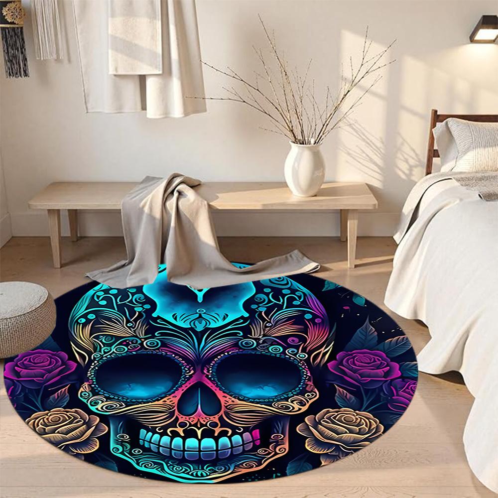 Skull Round Floor Mat Suitable for Outdoor Hallway Entryway Kitchen Antislip Round Carpet Anime Office Decor