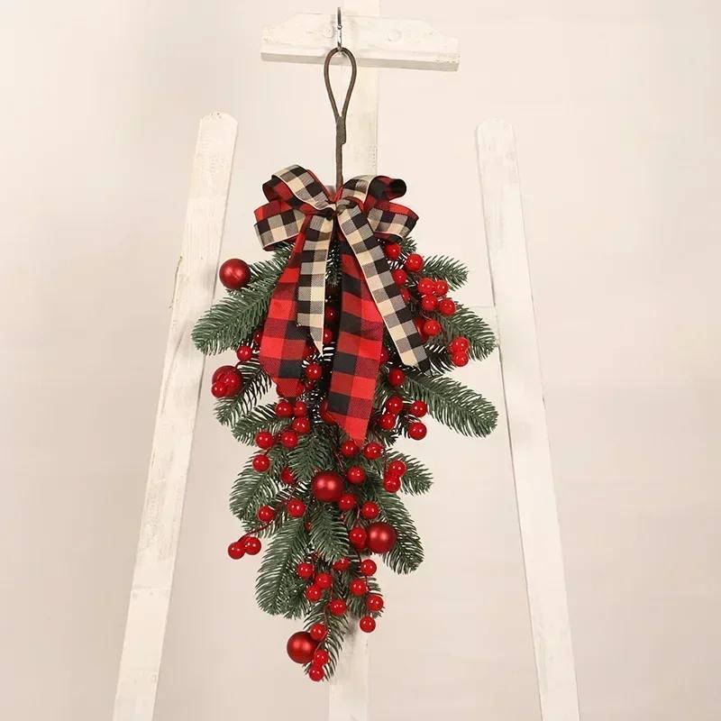 1pc Christmas Plaid Bow and Red Fruit Door Decoration Personalized Creative Home Party Holiday Gift Decoration Supplies Pendants