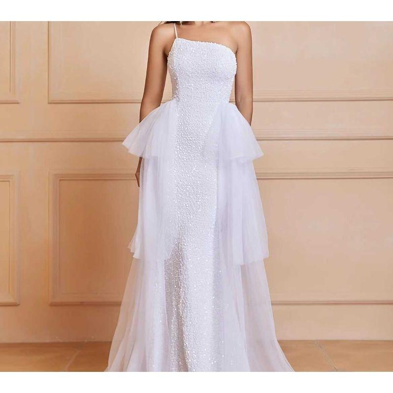 

Export Single Sling Shiny Mermaid Sling Shoulder Sequin Graceful and Fashionable Banquet Party Personality Mesh Dress White XL