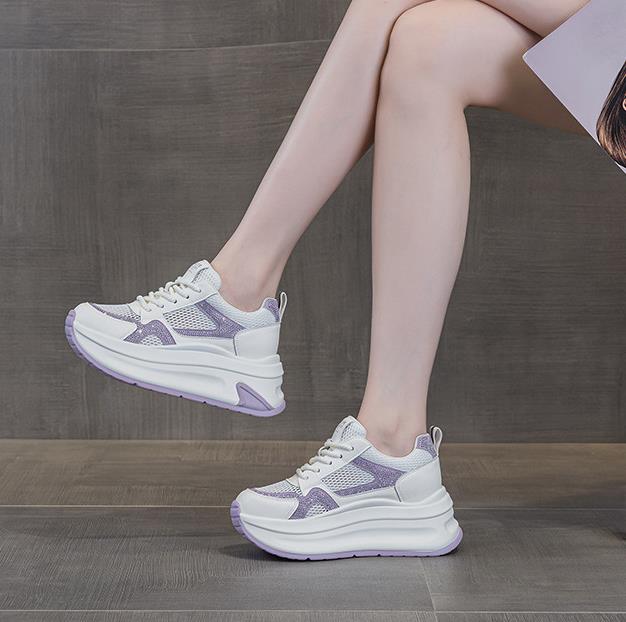 Fashion 8CM Popular Elder Shoes 2025 Summer New Versatile Mesh Breathable Women's Shoes Thick Bottom Inner Height Casual Sports