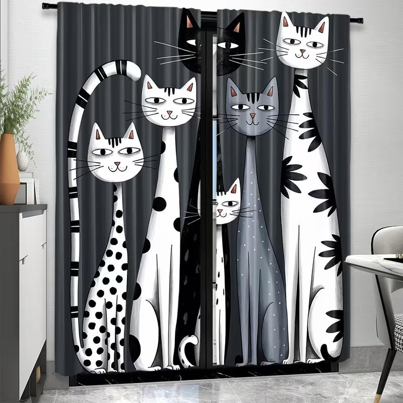 Vikama Cat Cute Print Curtains Living Room Bedroom Study Bathroom Privacy Protection Home Decoration Curtain Modern Polyester Washable Sitting Ready