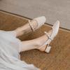 Pearl Sandals Espadrilles Platform Female Shoe Med Square Toe Clear Heels Buckle Strap 2025 Women's High Girls Medium High-heele