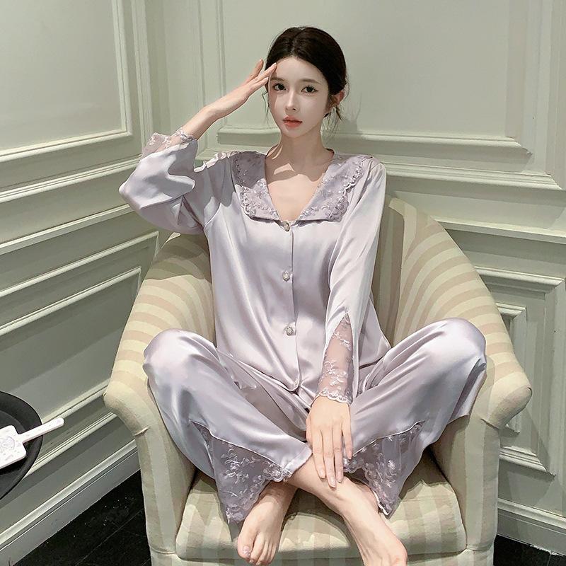 Ice Silk Pajamas Women's French Lace Cardigan Imitation Silk Long-sleeved Trousers Two-piece Set Summer Spring and Autumn Loungewear