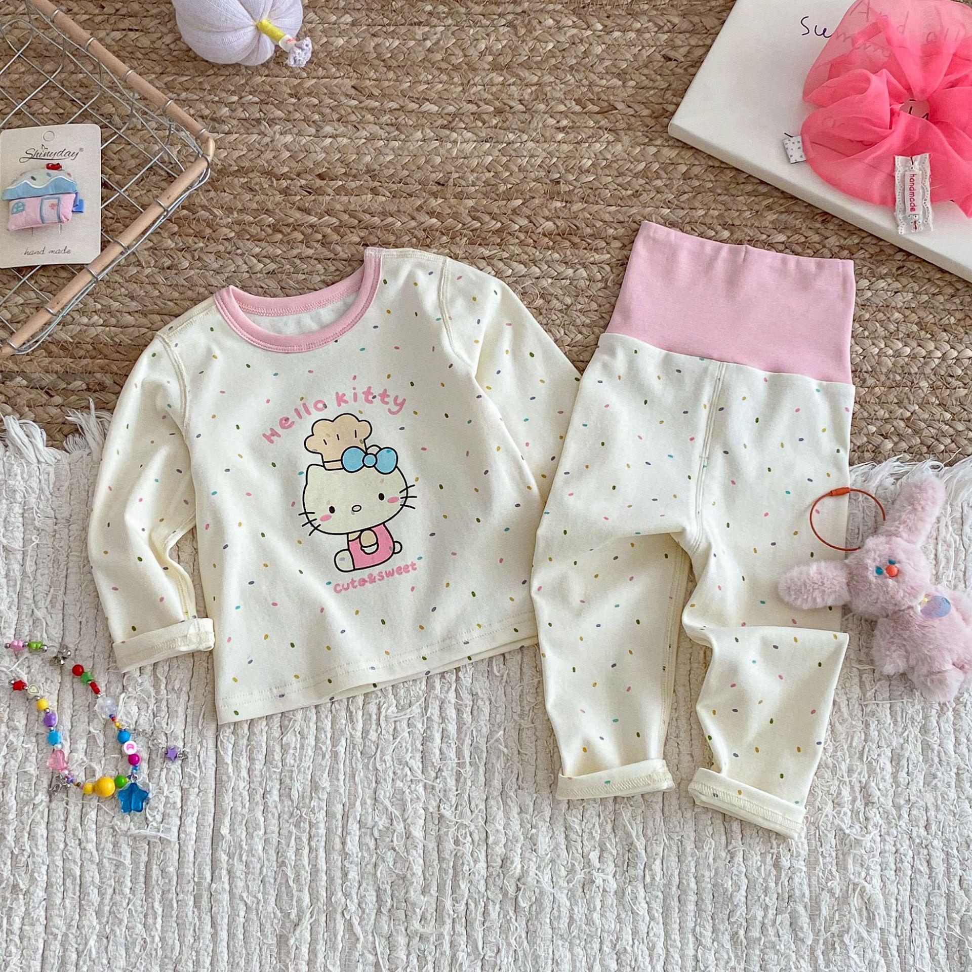 

Комплект домашней одежды для девочек «Осень 2025» с леопардовым принтом и мультяшным котом: Комплект из двух частей со штанами с защитой живота 110