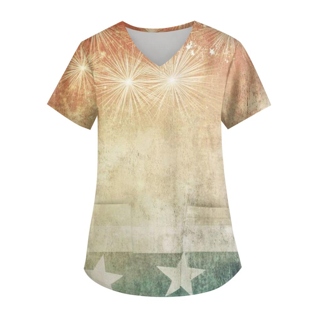 Modisches V-Ausschnitt-Taschen-Kurzarm-Uniform- und Pflegekraft-Oberteil für Damen mit Aufdruck zum Unabhängigkeitstag