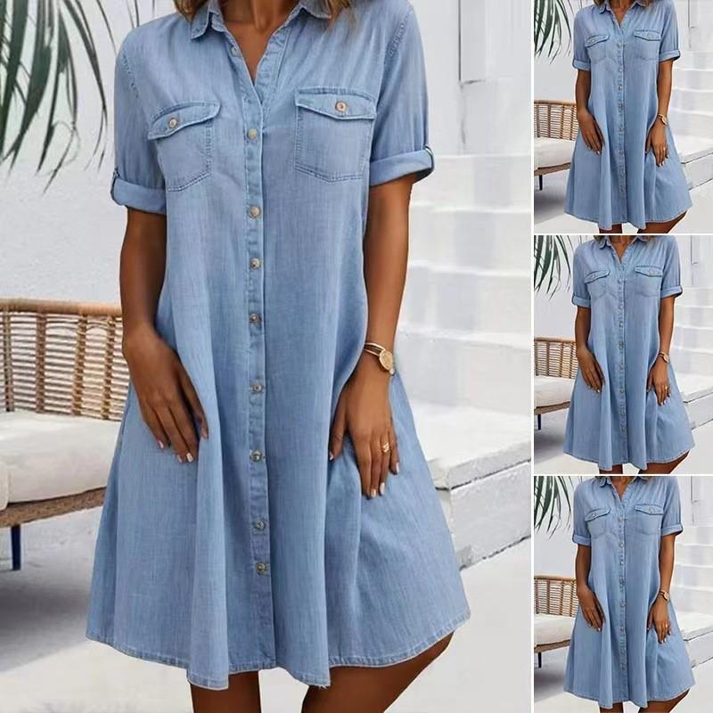 

BITCED Women s Fashion Summer Spring Solid Color Print Short Sleeve POLO-Neck Casual Dresses S светло-синий