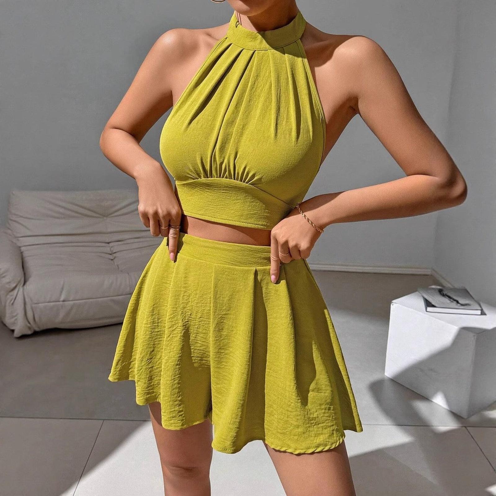 

26-3-14-Женский Повседневный и Модный Летний Набор: Топ на Бретельках Однотонный с Завязкой на Шее и Шорты2101 S жёлтый