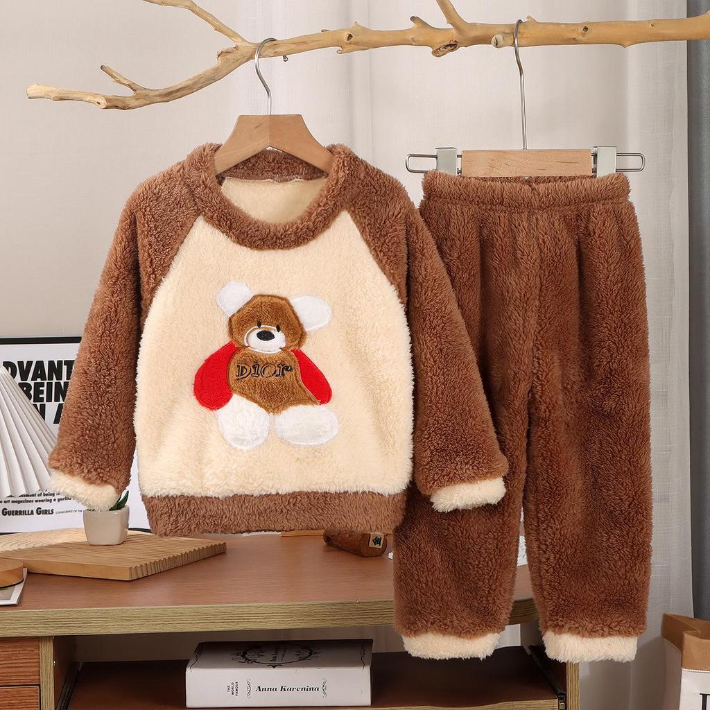 Kids' Flannel Pajama Set - Thick Coral Fleece, Long-Sleeved, One-Piece Sleepwear for Boys & Girls, Perfect for Autumn/Winter.