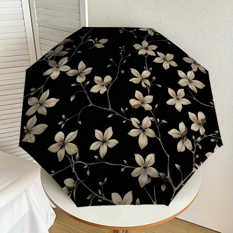 1pc Floral Pattern Black Automatic Folding Umbrella, Heavy Duty 8 Rib Iron Frame,  Suitable for Travel, Daily Use, Birthday, Decor Gift m0104080