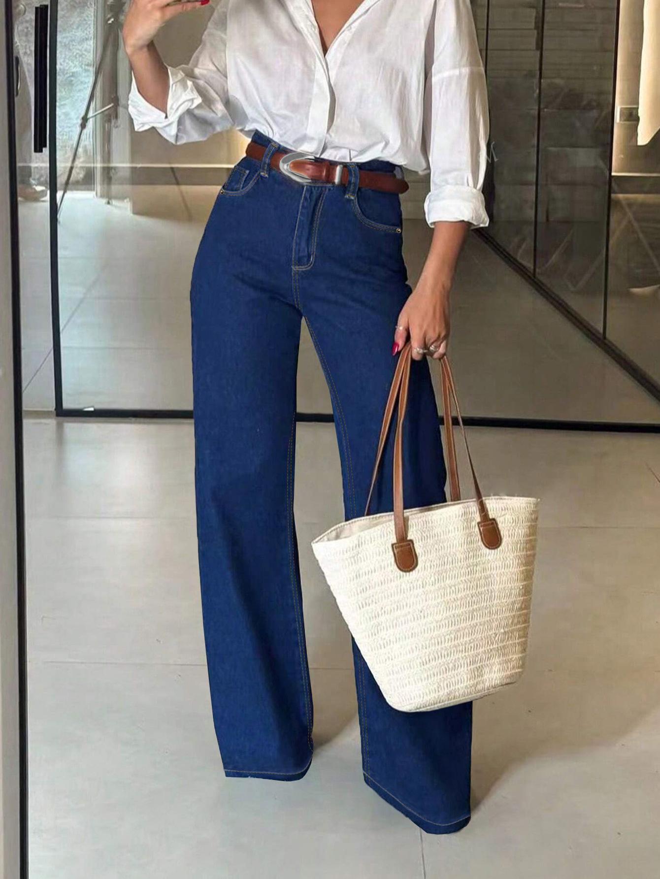 Retro High-Waisted Slimming Straight Women s Casual Jeans (No Belt) XL синий