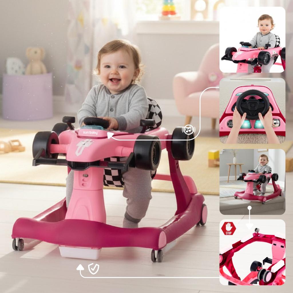 Caminador Interactivo Andador Empujador Coche de Carreras Fórmula 1 3en1 Rosa