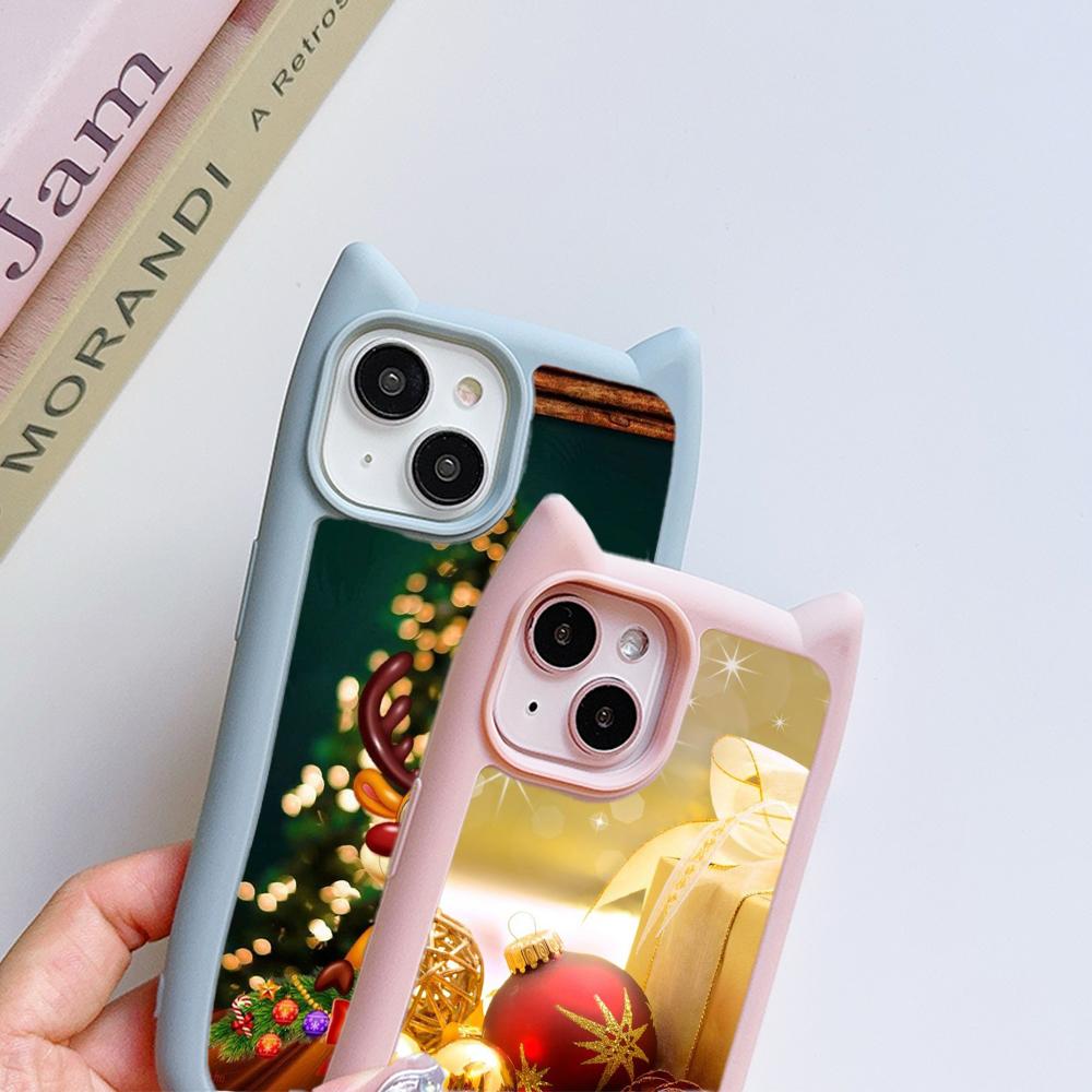 Cat Ear Soft Phone Case for iPhone 16 15 14 13 12 Pro Max Anti-Drop Transparent Acrylic Back Cover NY36 New Year Christmas Santa Claus Christmas tree