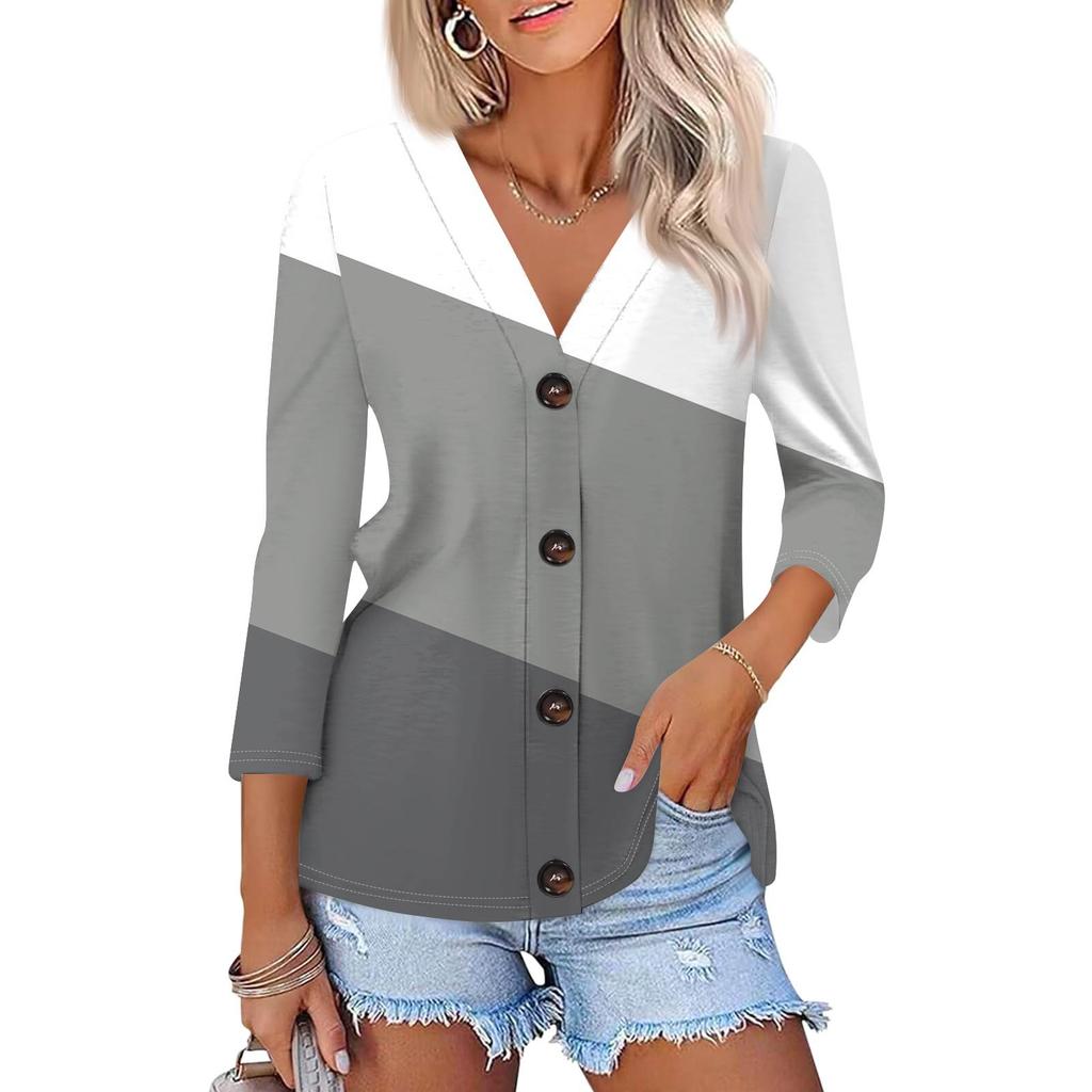 Women's Fashion Casual Striped Geometric Print Button-Down Shirt Three-quarter Sleeve Cardigan Top