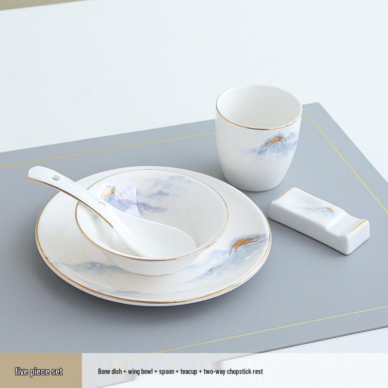 Hotel & Restaurant Gold Rim Ceramic Dinnerware Set - Plates, Bowls, Chopsticks, Spoon (4-Piece)