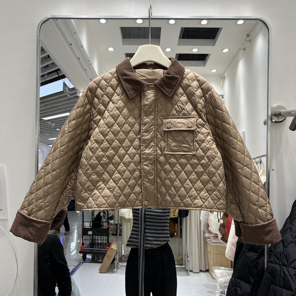 Rhombus Down Jacket Korean Fashion Small Lapel Contrasting Color Temperament Silhouette White Duck Down Jacket Women's 2024 Autumn and Winter New