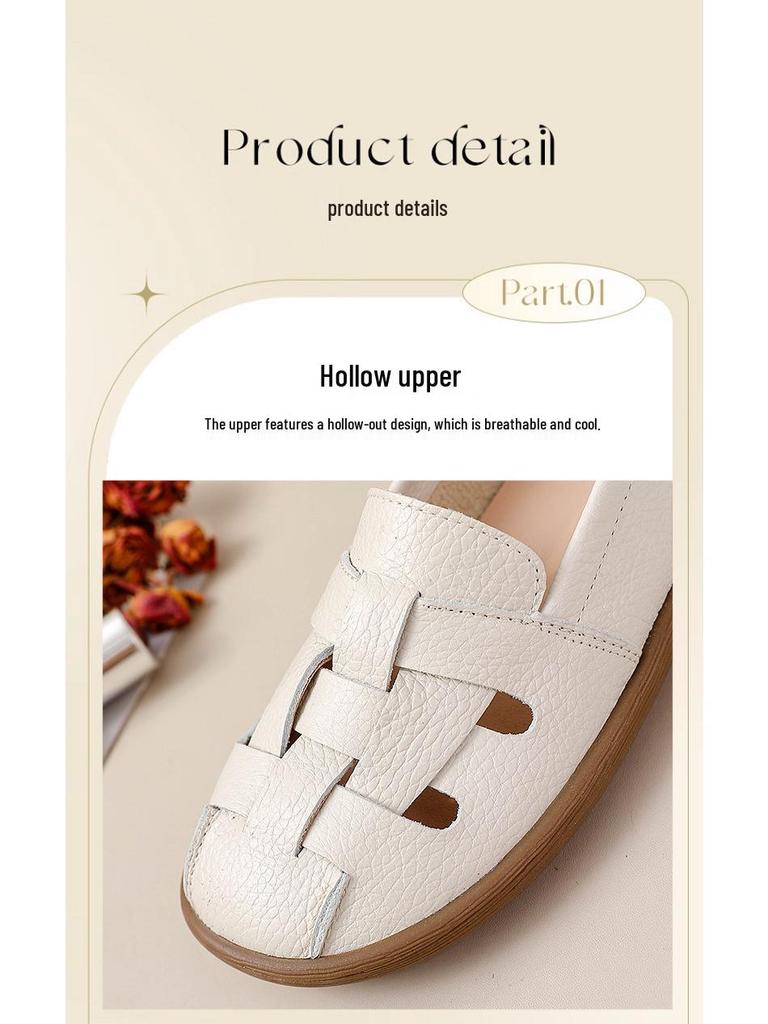 Genuine Leather Women's Summer Casual Comfort Sandals with Soft Soles and Perforated Design for Middle-Aged Moms