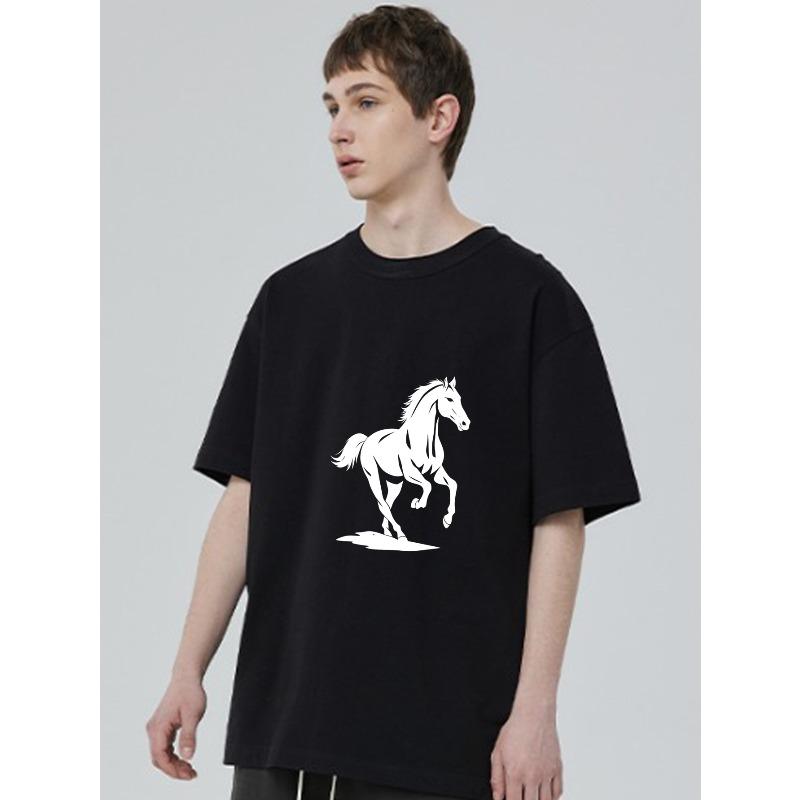 Black T Shirt With White Horse Print For Casual Wear