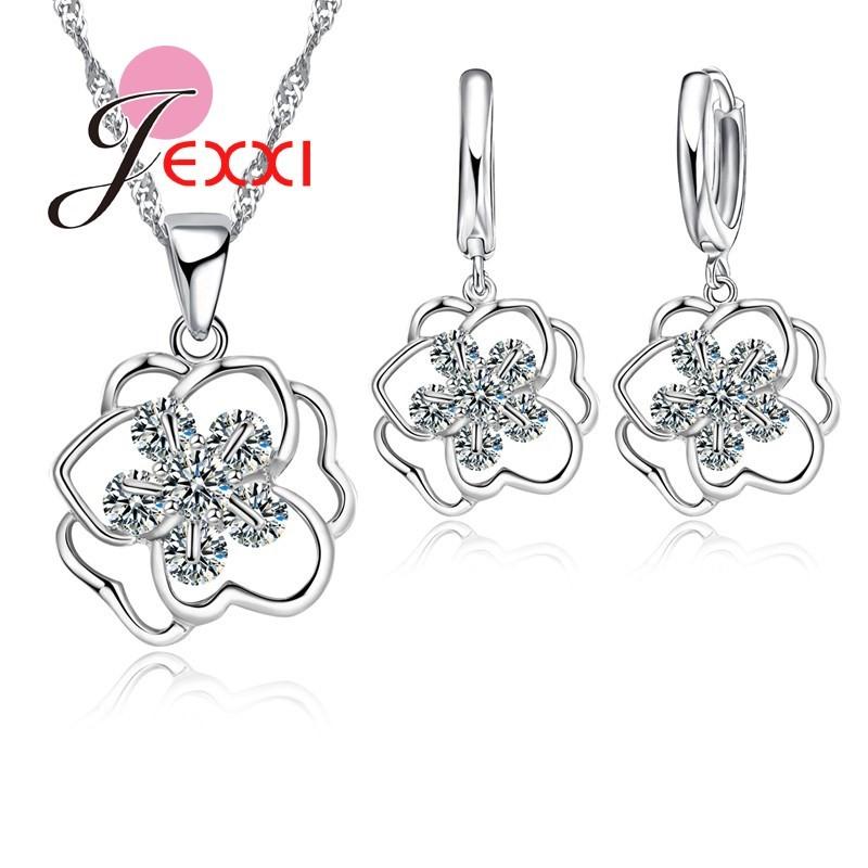 Vintage Flower Shape Austrian Crystal Pendant Necklaces Hoop Earrings 925 Sterling Silver Women Bridal Wedding Jewelry Set