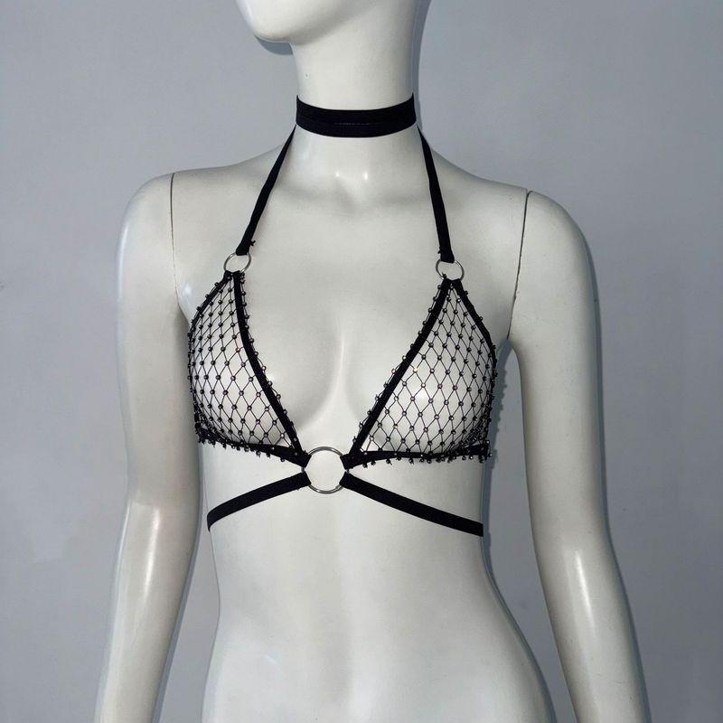 Outfitgirl Sling Rhinestone Mesh Shoelace Tops Party Music Festival Matching Sexy Mesh Camisole Vest