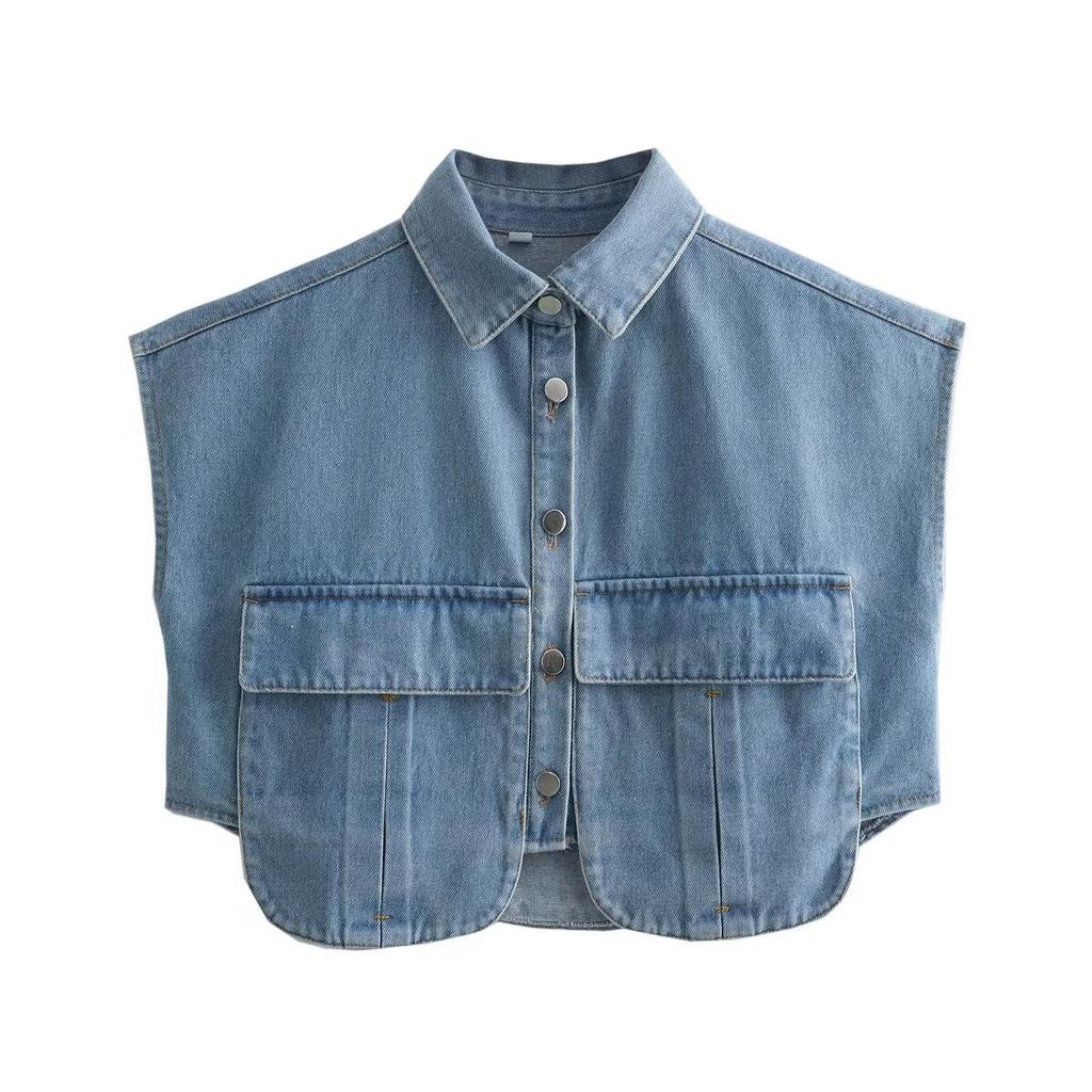 Damen Jeansweste mit Umlegekragen, ärmellos, lockere Passform, lässiges Streetwear Top