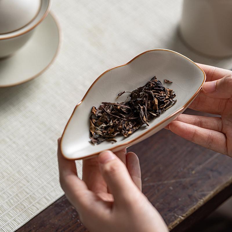 Retro Cream Ru Kiln Ceramic Tea Scoops Tea Leaf Container Tea Shovel Tea Presentation Vessel Saucer Tea Ceremony Accessories
