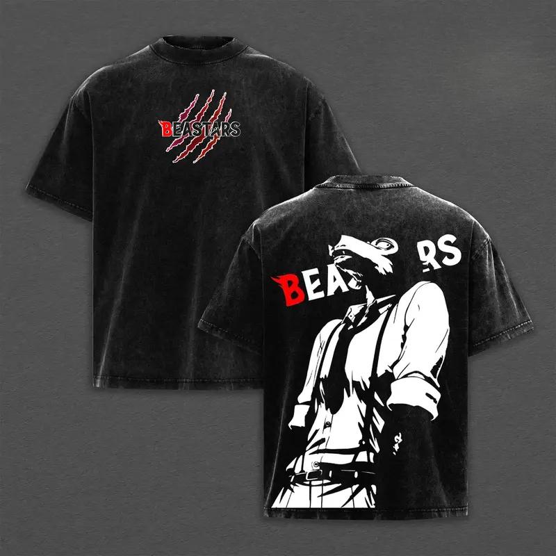 Legoshi Print T-shirt BEASTARS Anime Clothing Men Short Sleeve Cotton Tshirts Vintage Washed Tee Harajuku Male Oversized T Shirt S