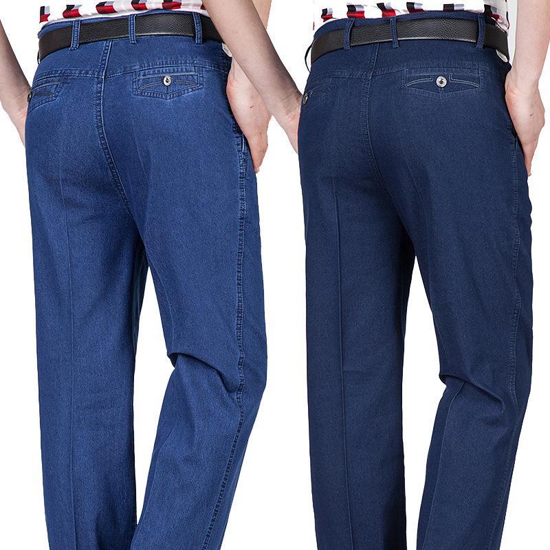 Pantaloni de denim elastic cu talie înaltă pentru bărbați de vârstă mijlocie - pantaloni casual de afaceri de toamnă/iarnă