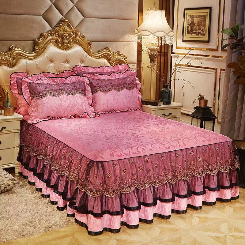 Juego de Ropa de Cama de Terciopelo Europeo de Alta Calidad King Queen Cálido Manta de Felpa Falda de Cama con Relieve 1pc Funda de Almohada 2pcs
