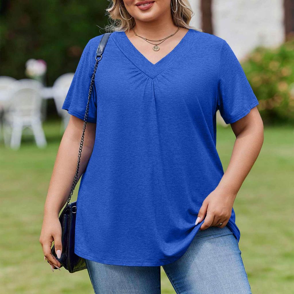 Damska Modna Codzienna Luźna Bluzka Plus Size z Krótkim Rękawem Elegancka z Dekoltem V Do Pracy