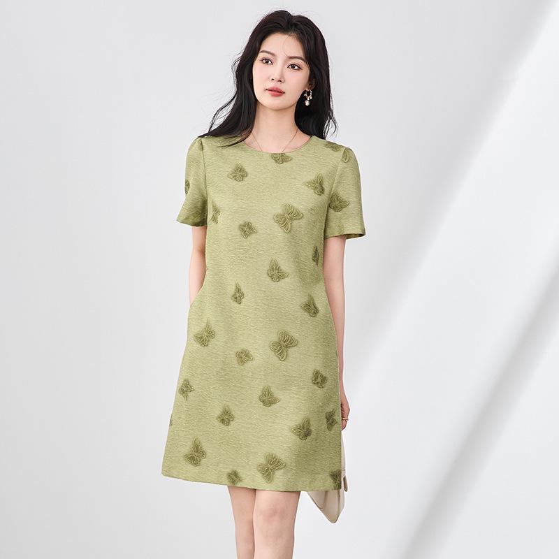 

Tencel Linen A-line Dress with Butterfly Embroidery - French Style Slimming Fit for Women M