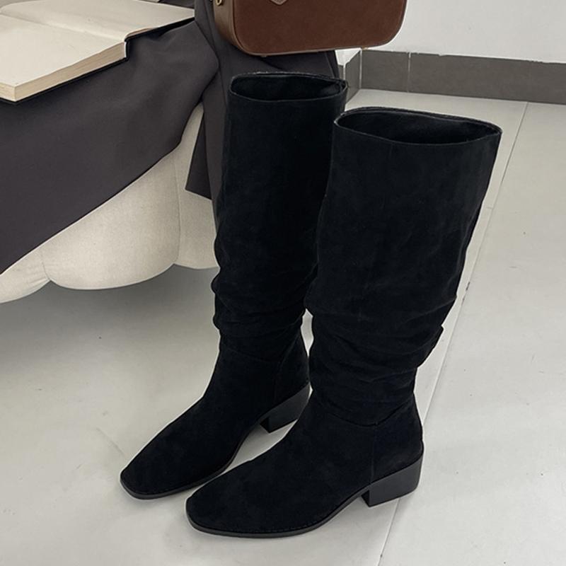 

Модные Liyke Зимние Уличные Модные Ботильоны с квадратным носком из плиссированной искусственной замши с флоком до колена Женские Низкий толстый каблук Длинная женская обувь Размер 43 35 чёрный