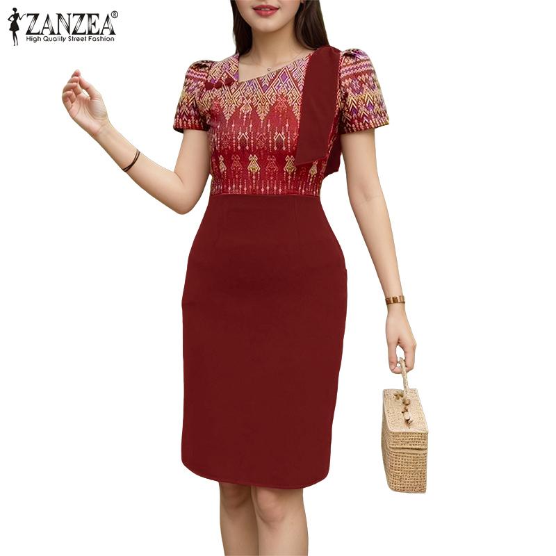 ZANZEA Women Print Patchwork Summer Casual Short Sleeve Sheath Dress