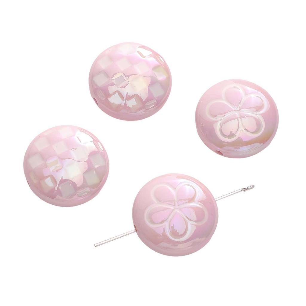 2pcs [25mm] Flat Round Acrylic Beads Plaid Flower Flat Beads For Jewelry Making DIY Pendant Keychain Crafts Findings