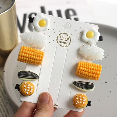 5 Stück niedliche Mini-Haarspangen mit Lebensmittelimitat, lustiges Lebensmittelspiel, Reis, pochiertes Ei, Melone, Samen, Mais, Mädchen-Haarspangen