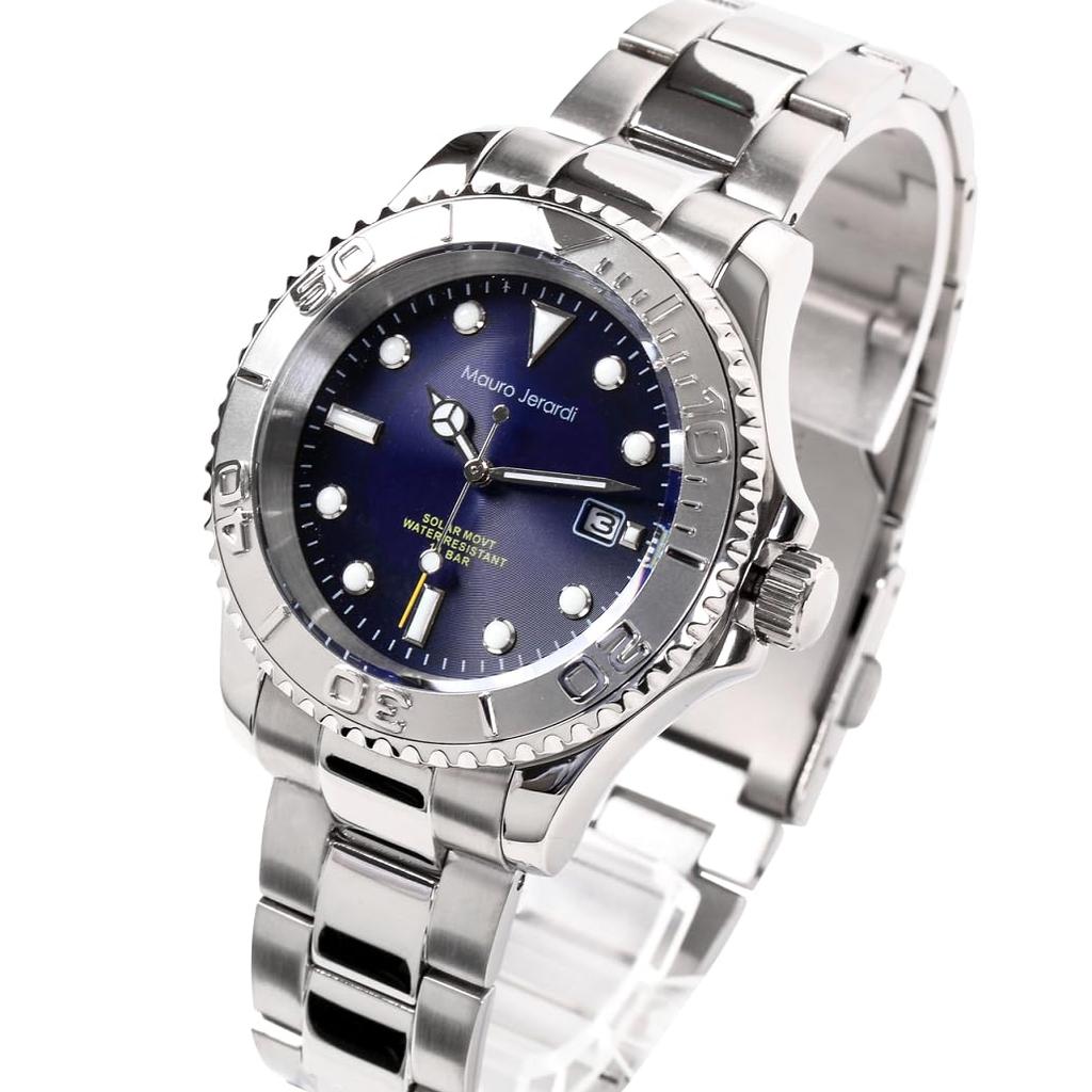 Mauro Geraldi Solar Voll Edelstahl 10 ATM Wasser Drehuhr, Stahl, Widerstandsfähigkeit, Kalender, Lünette, Leuchtend, MJ061-2