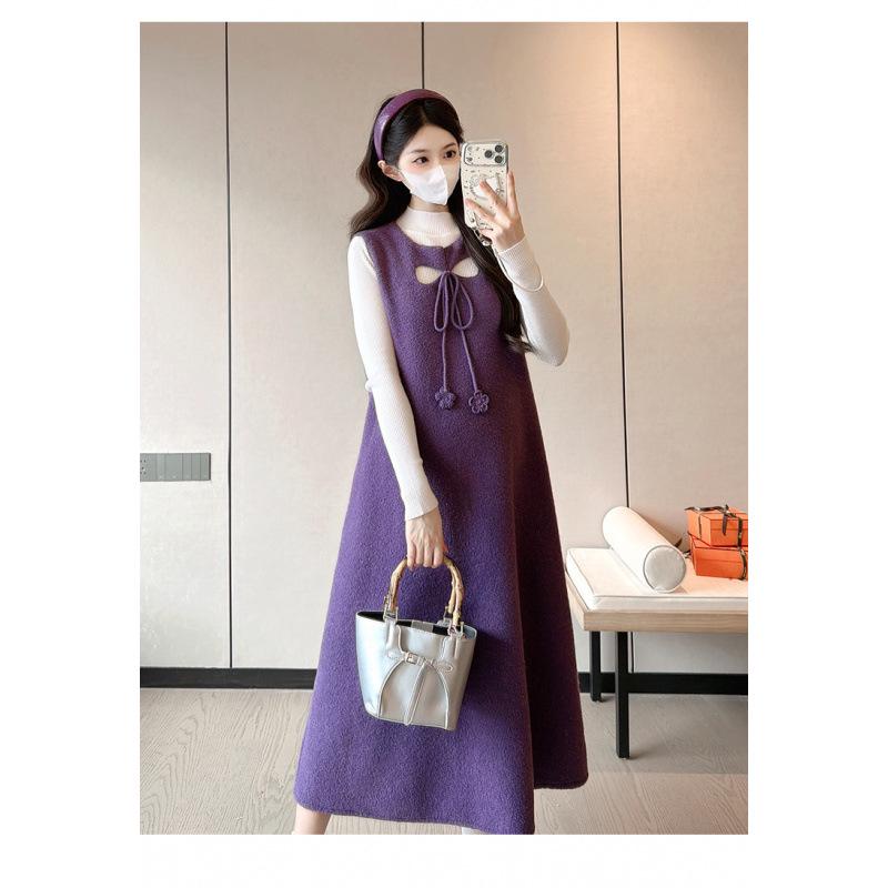 Spring 2026 Gentle Purple Plush Maternity Two-Piece Dress - Korean Style Slim Fit
