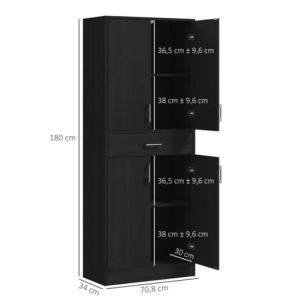 Tall buffet kitchen cabinet 4 doors 2 cupboards and 1 central drawer height 180 cm with 2 adjustable shelves black