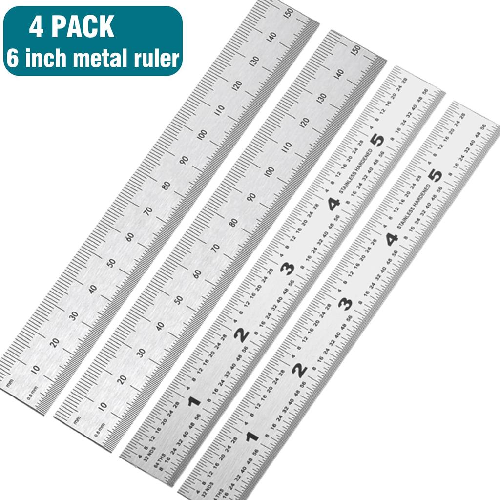 6 Inch Machinist Ruler, 4-Pack Stainless Steel Precision Scale Ruler with Inch/Metric Etched Markings, Dual Side Measuring Rule for Engineers, Dr