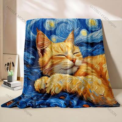 Multi Size Starry Night Cat Pattern Blanket Flannel Material Soft Warm for All Seasons, Home Outdoor Camping Picnics RV Gifts