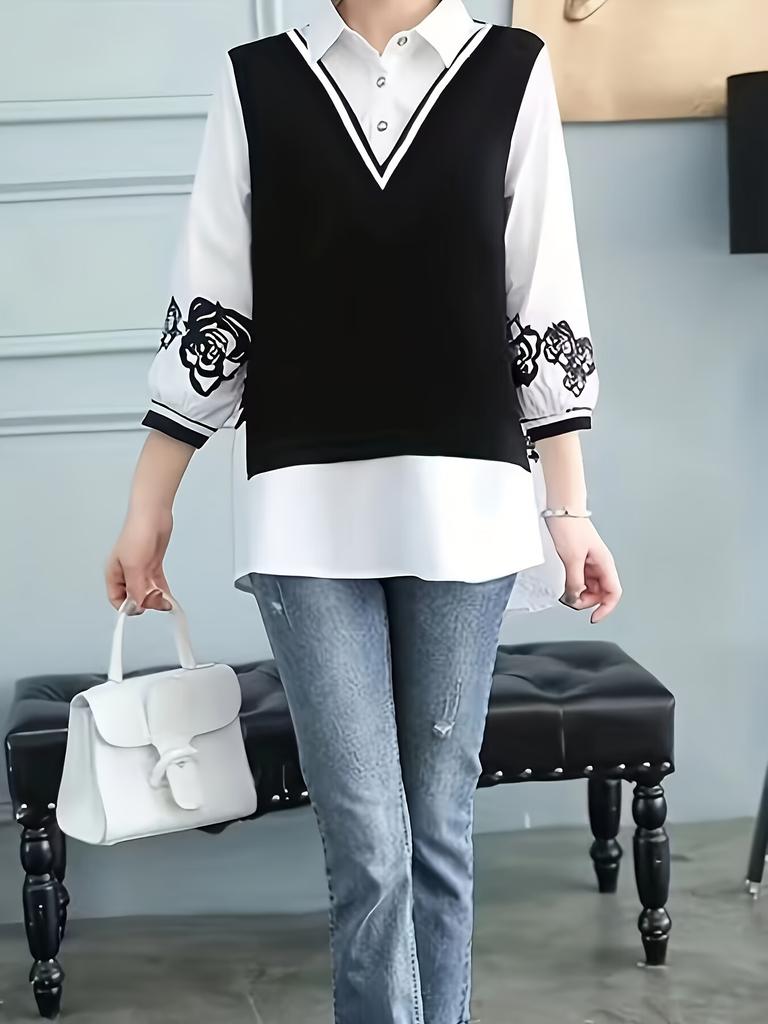 2 In 1 Button Front Blouse, Elegant 3/4 Sleeve Blouse for Spring & Fall, Women's Clothing