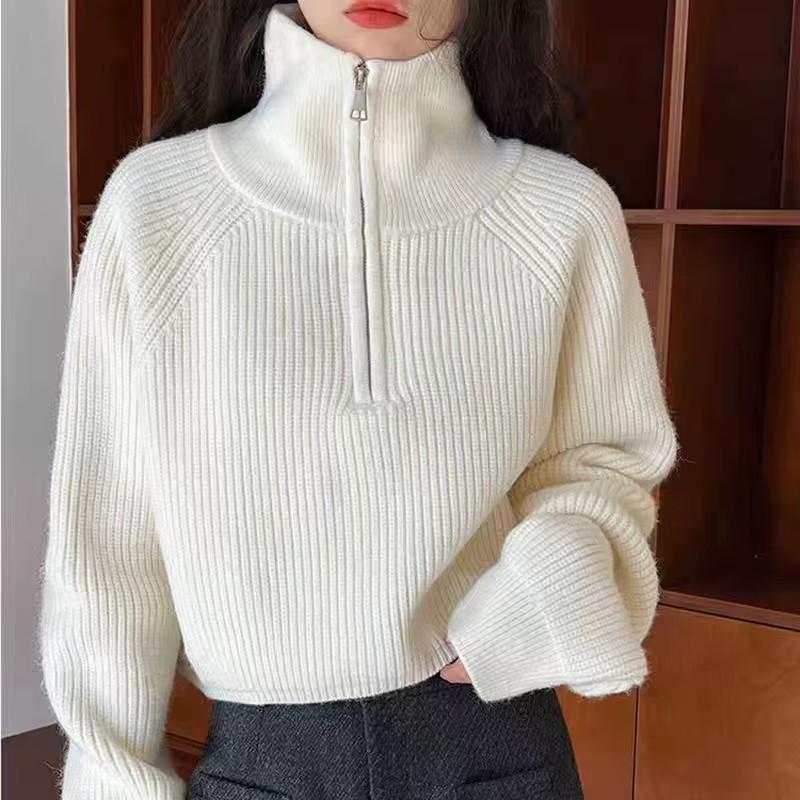 Half Zipper Collar Sweater Women Pullovers Soft Knitted Long Sleeve Short Jumper Fall Winter Korean Trend Loose Solid Color Tops