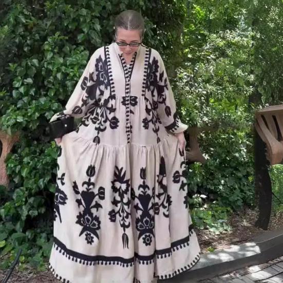 Lady Spring Maxi Dress V Neck Retro Contrast Color Printed Long Sleeves Loose Single-breasted A-line Patchwork Casual Daily Dress