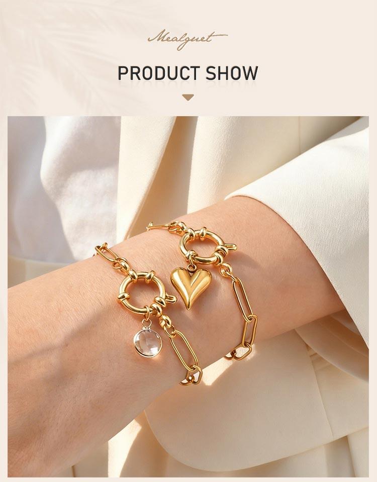18K Gold Plated Stainless Steel Paperclip Link Chain Bracelet for Women, Spring Clasp Toggle Clasp Zircon Heart Charm Bracelet