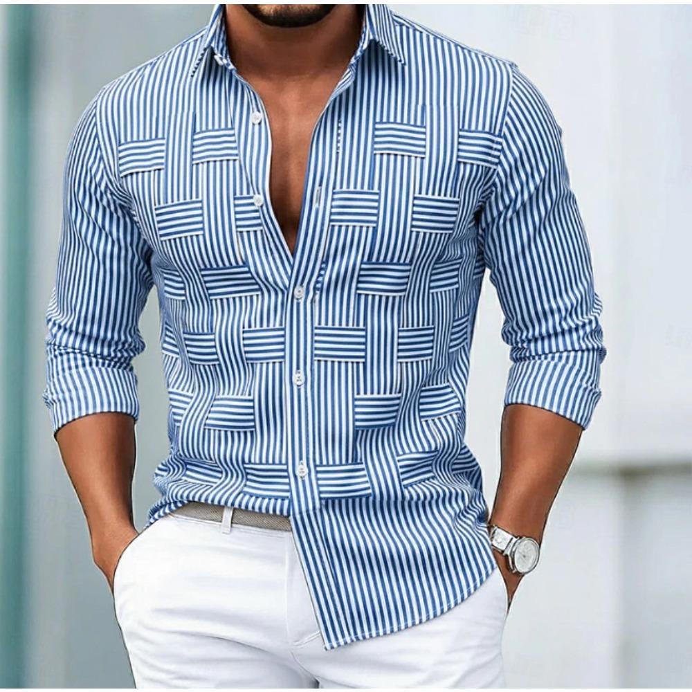 Men's Stripe Printed Long Sleeve Shirts Casual Cardigan New Button Holiday Fashion Shirts